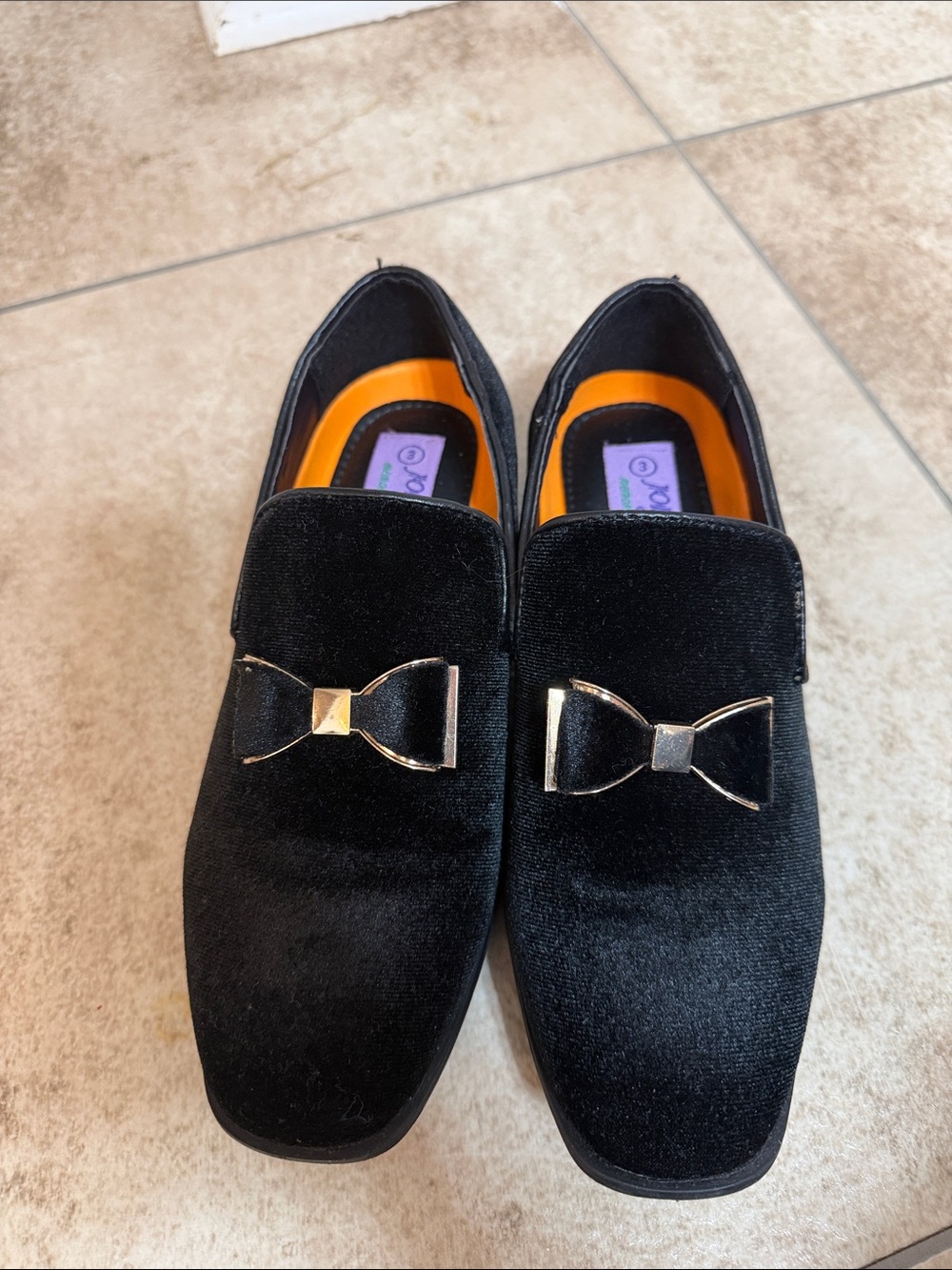 Black Velvet Loafers with Gold Bow Accent